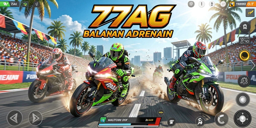 Screenshot menunjukkan balapan motor yang intens dan mendebarkan.