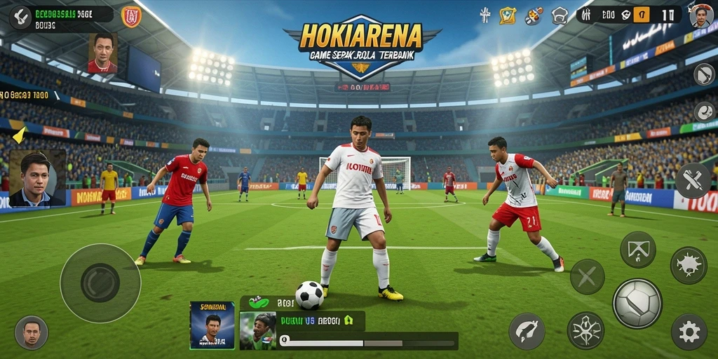 Antarmuka HOKIARENA menampilkan aksi sepak bola yang mendebarkan.
