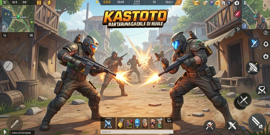 Screenshot gameplay KASTOTO menampilkan pertempuran seru di dalam arena Battle Royale.