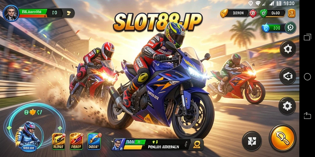 Gameplay SLOT88JP menampilkan balapan motor yang mendebarkan.